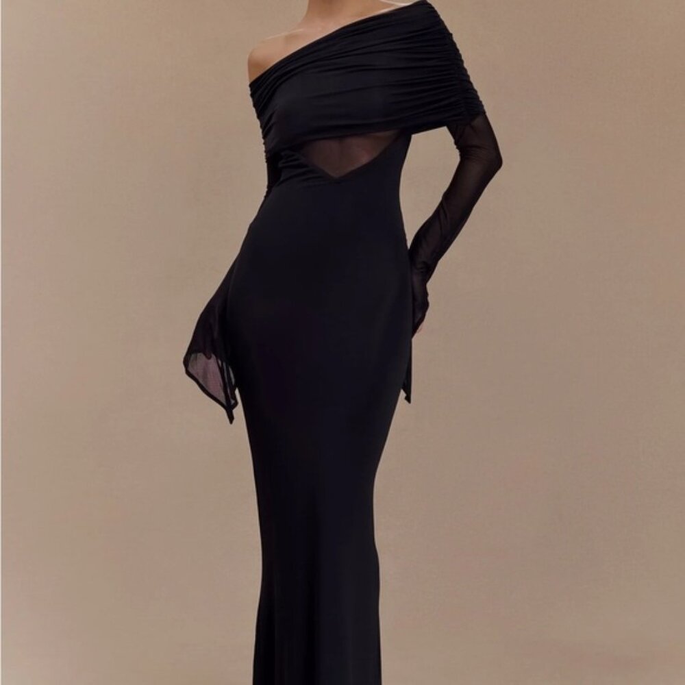 Meshki Kaitlin One Shoulder Slinky Mesh Black Long Sleeve Maxi Dress Size XXS